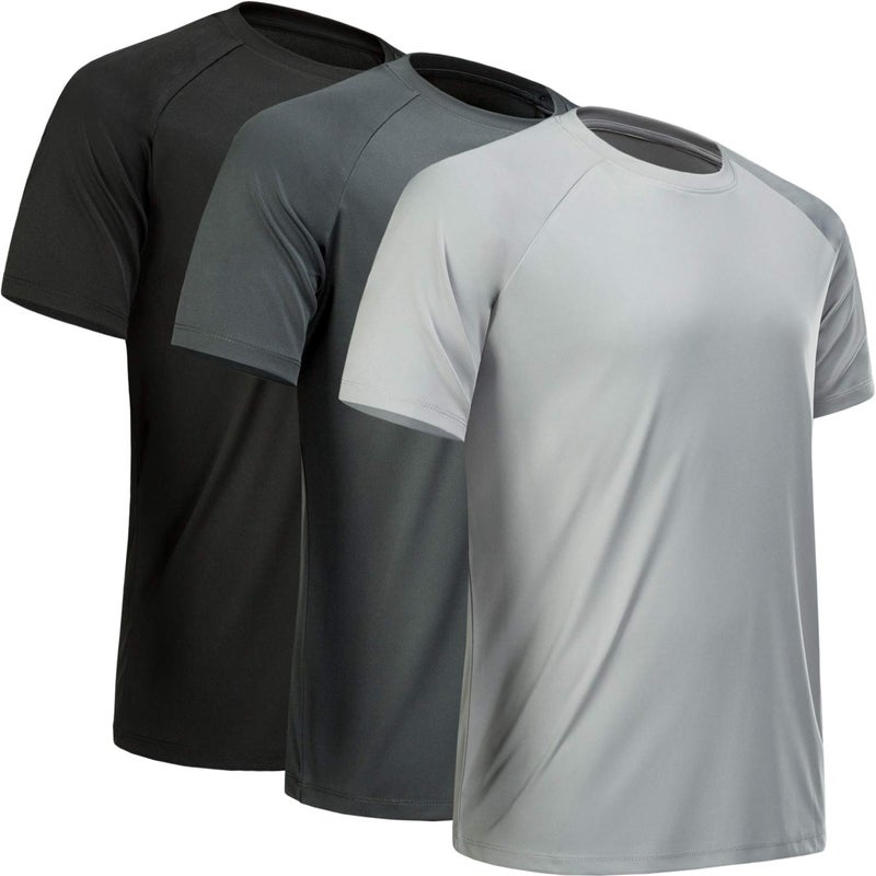 MCPORO Workout Shirts for Men Short Sleeve Quick Dry Athletic Gym Active T Shirt Moisture Wicking 3 Pack Black, Dark Grey, Light Grey Medium - Image 1